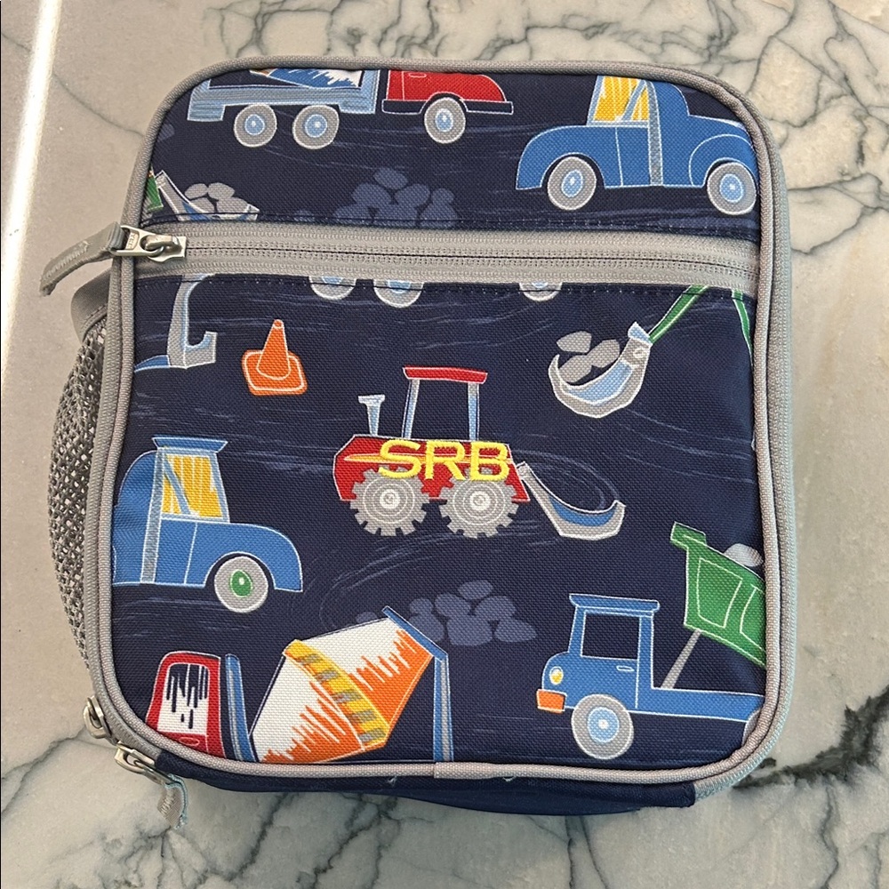 Pottery Barn Kids Construction Vehicles Lunch Bag - Navy with Multicolor Trucks